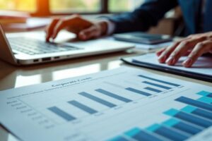 Geschäftsumgebung mit Finanzdiagrammen und Laptop
