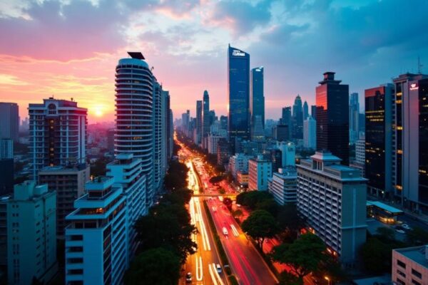 Investieren in Emerging Markets Stadtbild bei Dämmerung mit Wolkenkratzern und belebten Straßen