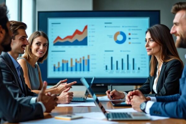 Geschäftsleute diskutieren vor Diagrammen