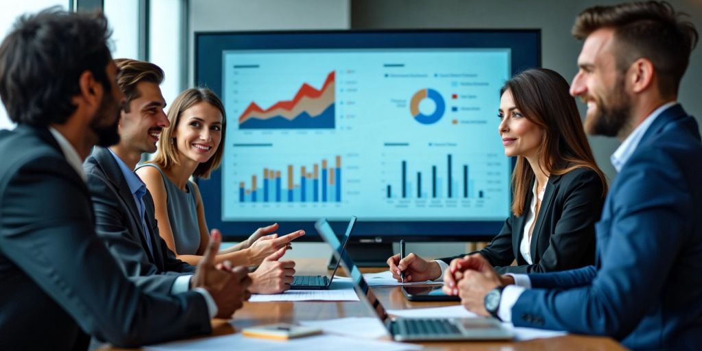 Geschäftsleute diskutieren vor Diagrammen