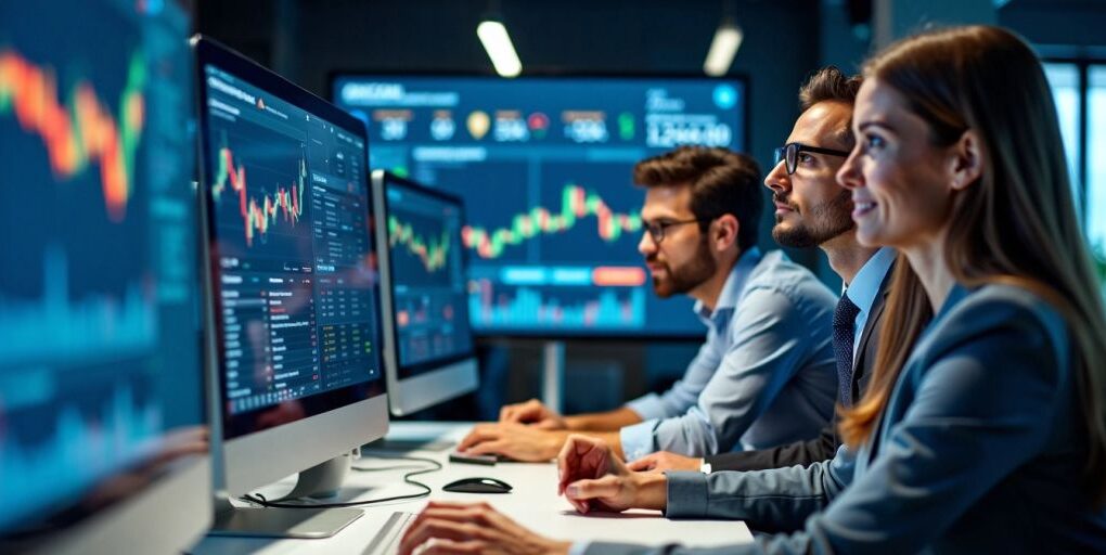 Geschäftsleute analysieren Daten auf Bildschirmen im Büro.