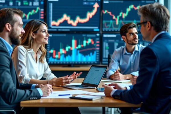 Finanzanalysten diskutieren Diagramme im Büro